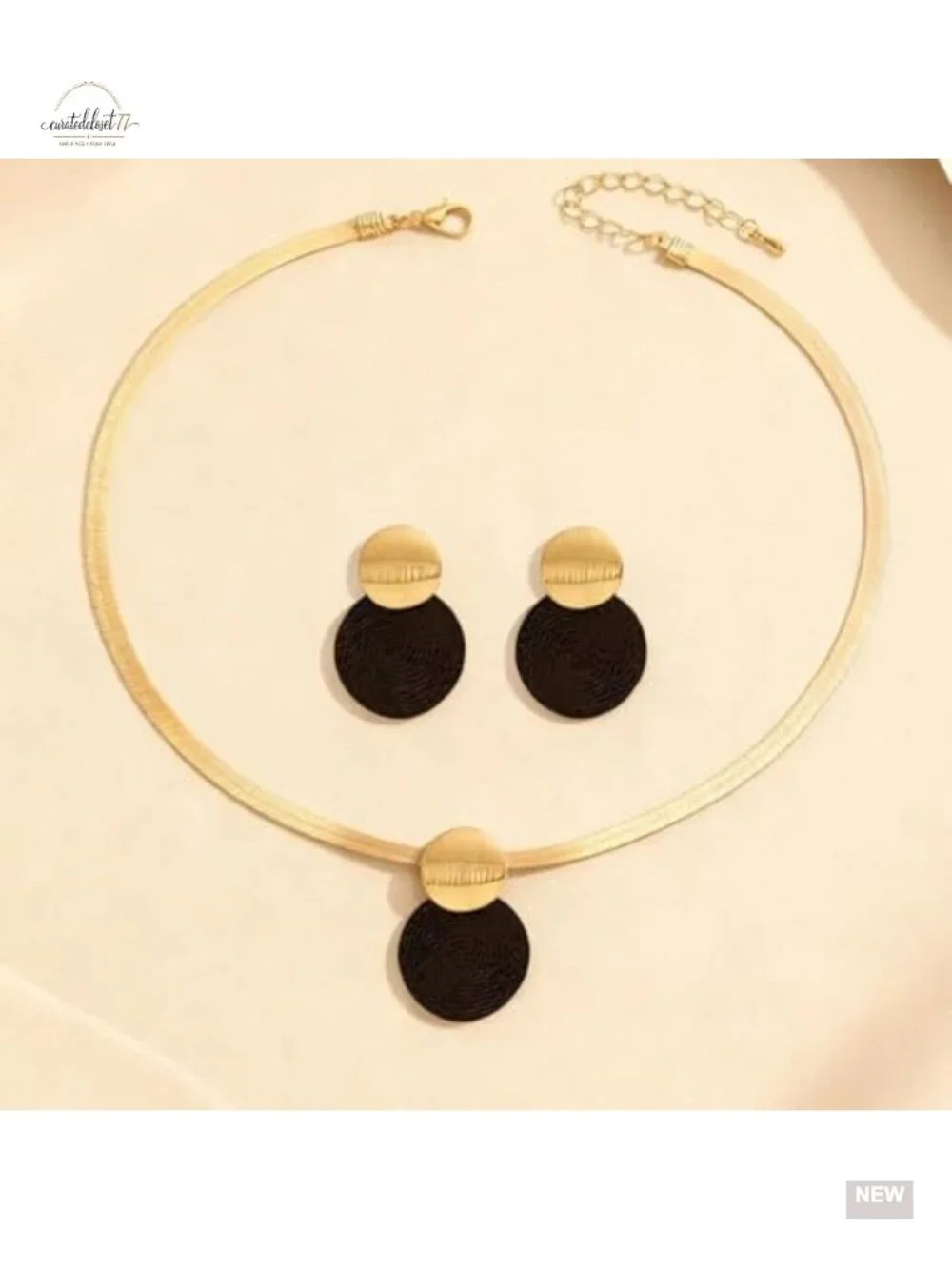 Chunky Disc Pendant Necklace Drop Earrings Set, Herringbone Choker, Statement